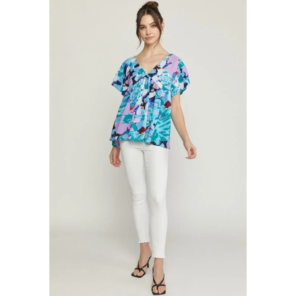 Entro Floral Ruffle Sleeve Top, Blue - Picture 5 of 7